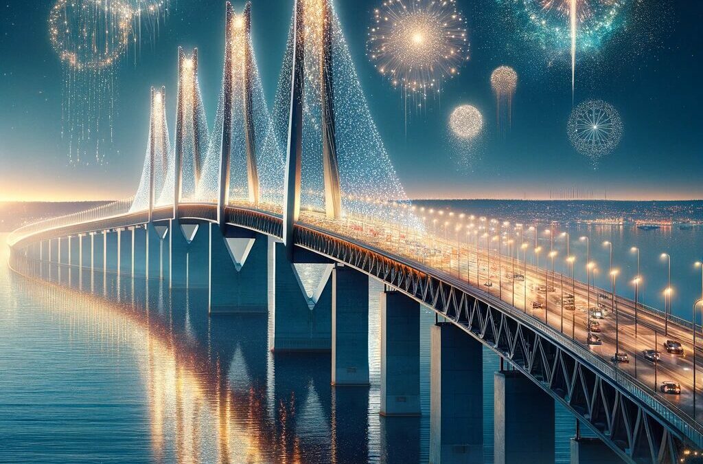 Scenic view of the Oresund Bridge at night - new years eve